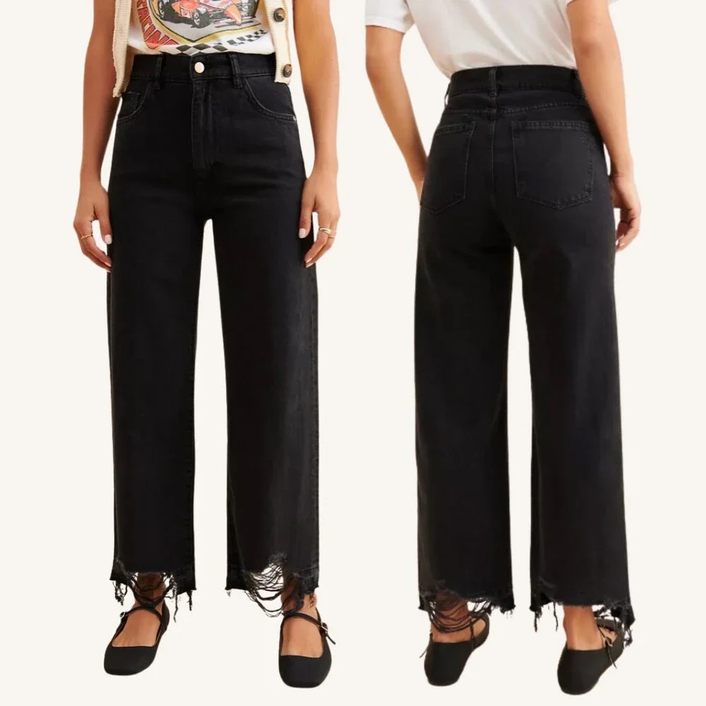 DL1961 Hepburn Wide Leg High Rise Jeans Jet Black Size 26 Anthropologie Distress